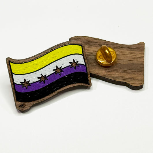 Original artwork by Tiny Werewolves | Chicago Non-Binary Pride Flag Wood Pin in | Shop to get your gender neutral Wood Pin