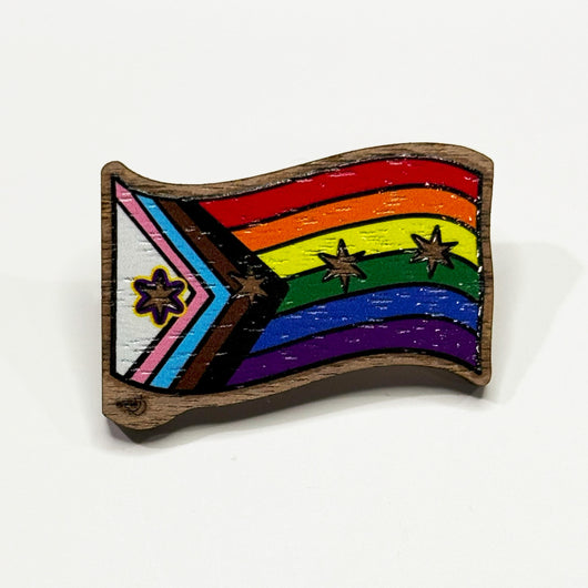 Original artwork by Tiny Werewolves | Chicago Progressive Intersex-Inclusive Pride Flag Wood Pin in Walnut | Shop to get your gender neutral Wood Pin