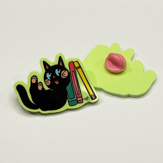 Original artwork by Tiny Werewolves | Black Book Cat Acrylic Pin in | Shop to get your gender neutral Acrylic Pin