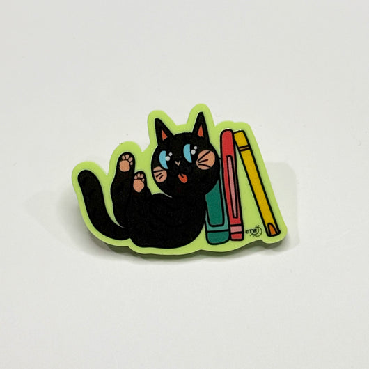 Original artwork by Tiny Werewolves | Black Book Cat Acrylic Pin in Lime | Shop to get your gender neutral Acrylic Pin