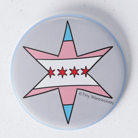 Original artwork by Tiny Werewolves | Chicago Star Transgender Pride Flag 1.75" Button Pin in | Shop to get your gender neutral Metal Pinback Button