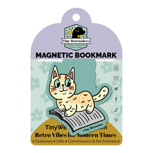 Original artwork by Tiny Werewolves | Orange Book Cat Laminated Magnetic Bookmark in | Shop to get your gender neutral Magnetic Bookmark