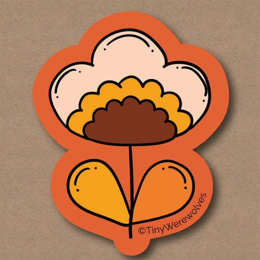Original artwork by Tiny Werewolves | Mustard Orange Retro Flower Sticker in | Shop to get your gender neutral Sticker
