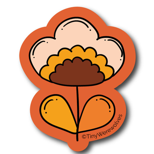 Original artwork by Tiny Werewolves | Mustard Orange Retro Flower Sticker in 5" Sticker | Shop to get your gender neutral Sticker