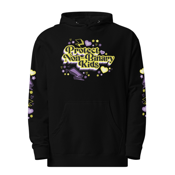 Original artwork by Tiny Werewolves | Protect Non-Binary Kids Midweight Printed Sleeve Pullover Hoodie in Black | Shop to get your gender neutral Pullover Hoodie