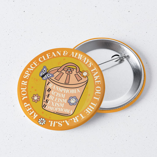 Original artwork by Tiny Werewolves | Take Out The T.R.A.S.H. 1" Mini Button Pin in | Shop to get your gender neutral Metal Pinback Button