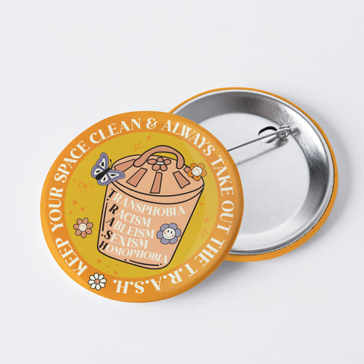Original artwork by Tiny Werewolves | Take Out The T.R.A.S.H. 1" Mini Button Pin in | Shop to get your gender neutral Metal Pinback Button