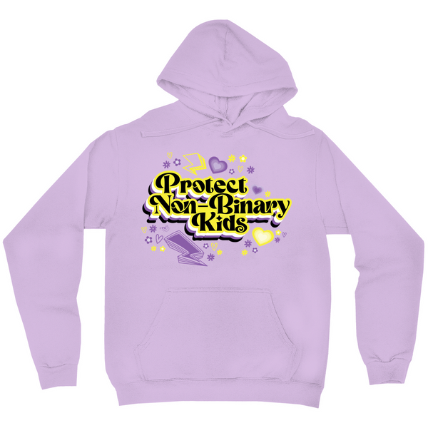 Original artwork by Tiny Werewolves | Protect Non-Binary Kids Midweight Printed Sleeve Pullover Hoodie in Lavender | Shop to get your gender neutral Pullover Hoodie