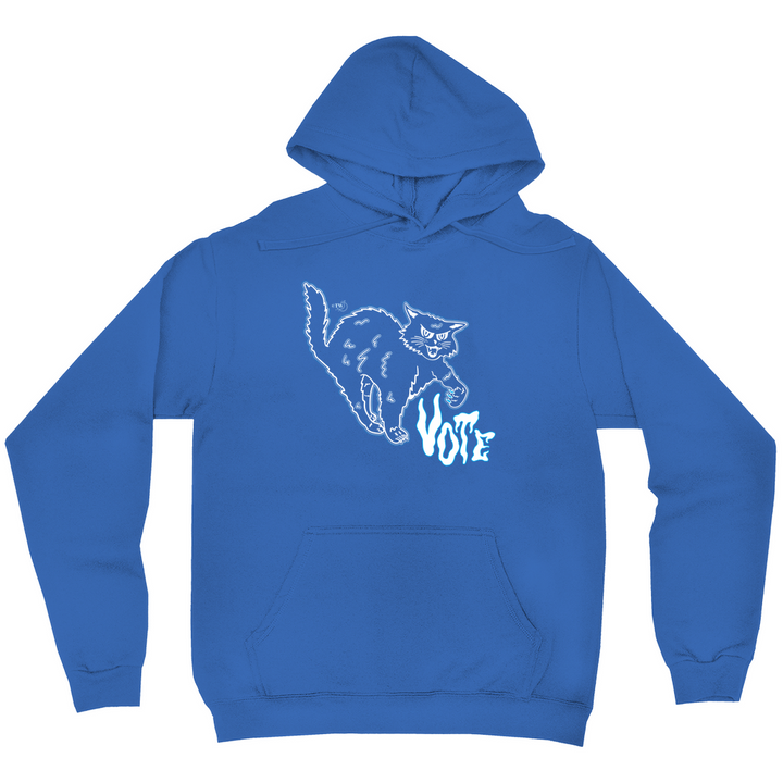 Original artwork by Tiny Werewolves | Retro Spooky Cat Vote Midweight Printed Sleeve Pullover Hoodie in Royal | Shop to get your gender neutral Pullover Hoodie