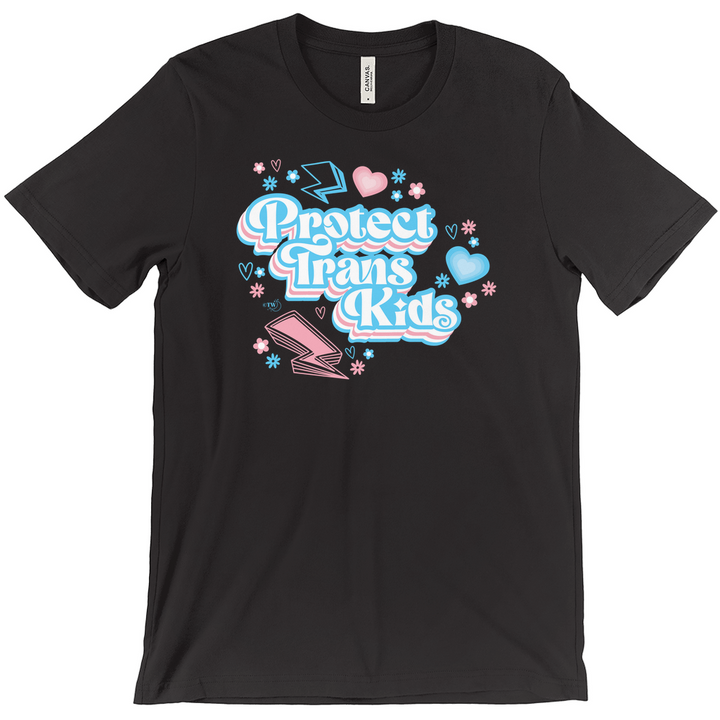 Original artwork by Tiny Werewolves | Retro Protect Trans Kids Tee in Black | Shop to get your Tee