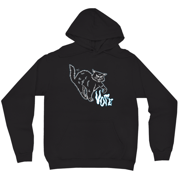 Original artwork by Tiny Werewolves | Retro Spooky Cat Vote Midweight Printed Sleeve Pullover Hoodie in Black | Shop to get your gender neutral Pullover Hoodie