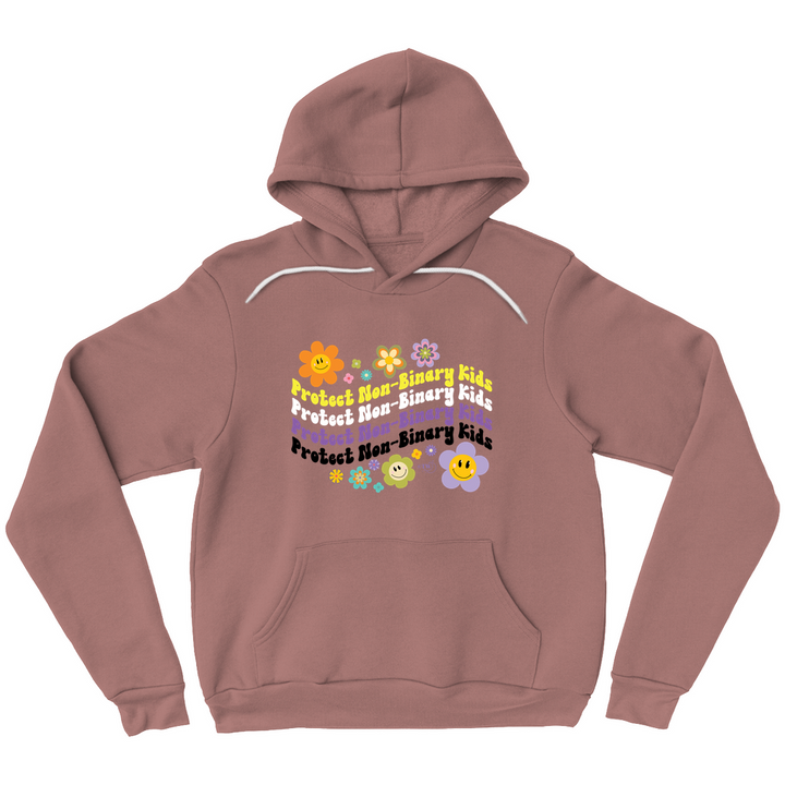 Original artwork by Tiny Werewolves | Retro Flowers Protect Non-Binary Kids Pullover Hoodie in Mauve | Shop to get your Pullover Hoodie
