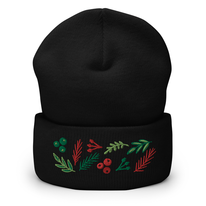 Original artwork by Tiny Werewolves | Leaves & Berries Embroidered Cuffed Beanie in Black | Shop to get your gender neutral Cuffed Beanie