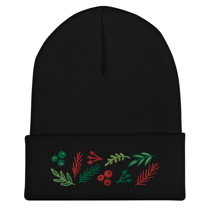 Original artwork by Tiny Werewolves | Leaves & Berries Embroidered Cuffed Beanie in | Shop to get your gender neutral Cuffed Beanie