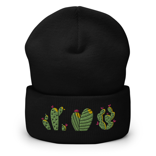 Original artwork by Tiny Werewolves | Cactus Trio Embroidered Cuffed Beanie in Black One Size | Shop to get your gender neutral Cuffed Beanie