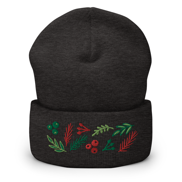 Original artwork by Tiny Werewolves | Leaves & Berries Embroidered Cuffed Beanie in Dark Grey | Shop to get your gender neutral Cuffed Beanie