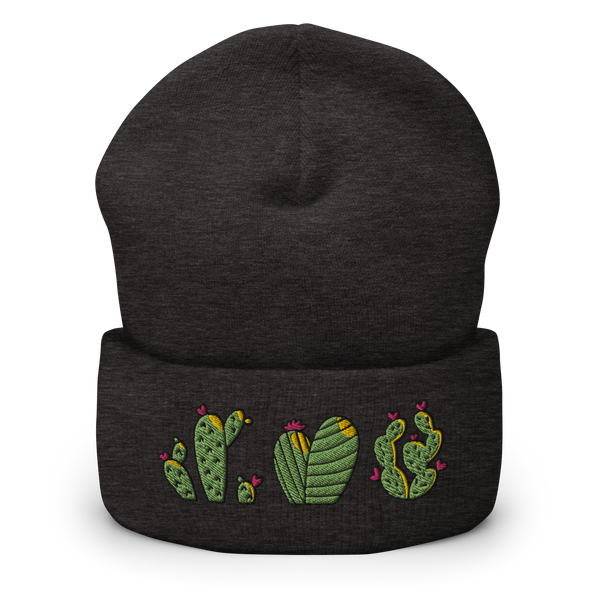 Original artwork by Tiny Werewolves | Cactus Trio Embroidered Cuffed Beanie in Dark Grey One Size | Shop to get your gender neutral Cuffed Beanie