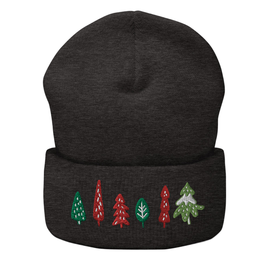 Original artwork by Tiny Werewolves | Trees Embroidered Cuffed Beanie in Dark Grey | Shop to get your gender neutral Cuffed Beanie