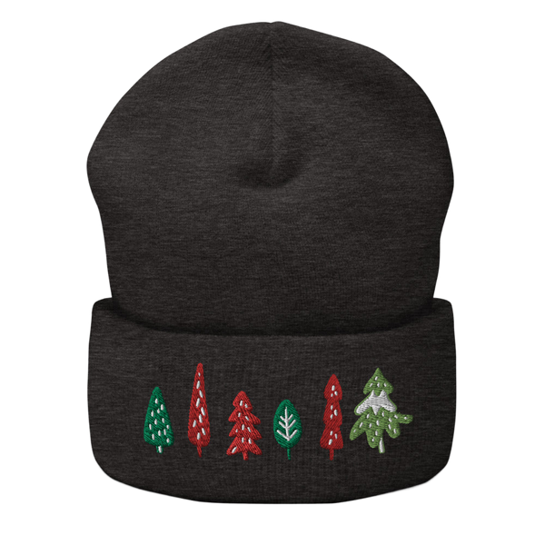 Original artwork by Tiny Werewolves | Trees Embroidered Cuffed Beanie in Dark Grey | Shop to get your gender neutral Cuffed Beanie