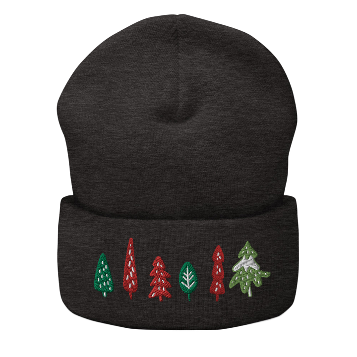 Original artwork by Tiny Werewolves | Trees Embroidered Cuffed Beanie in Dark Grey | Shop to get your gender neutral Cuffed Beanie