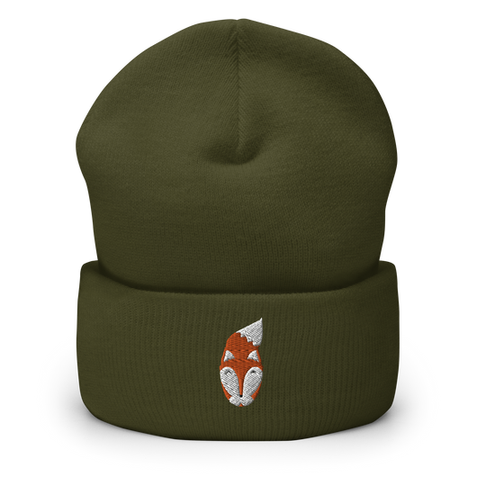 Original artwork by Tiny Werewolves | Modern Fox Embroidered Cuffed Beanie in Olive | Shop to get your gender neutral Cuffed Beanie