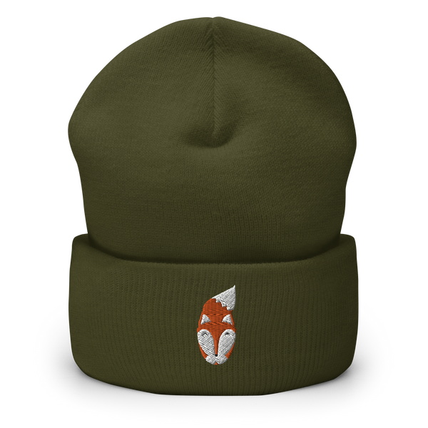 Original artwork by Tiny Werewolves | Modern Fox Embroidered Cuffed Beanie in Olive | Shop to get your gender neutral Cuffed Beanie