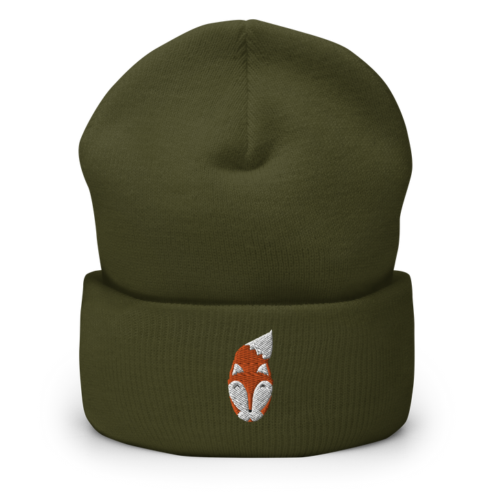 Original artwork by Tiny Werewolves | Modern Fox Embroidered Cuffed Beanie in Olive | Shop to get your gender neutral Cuffed Beanie