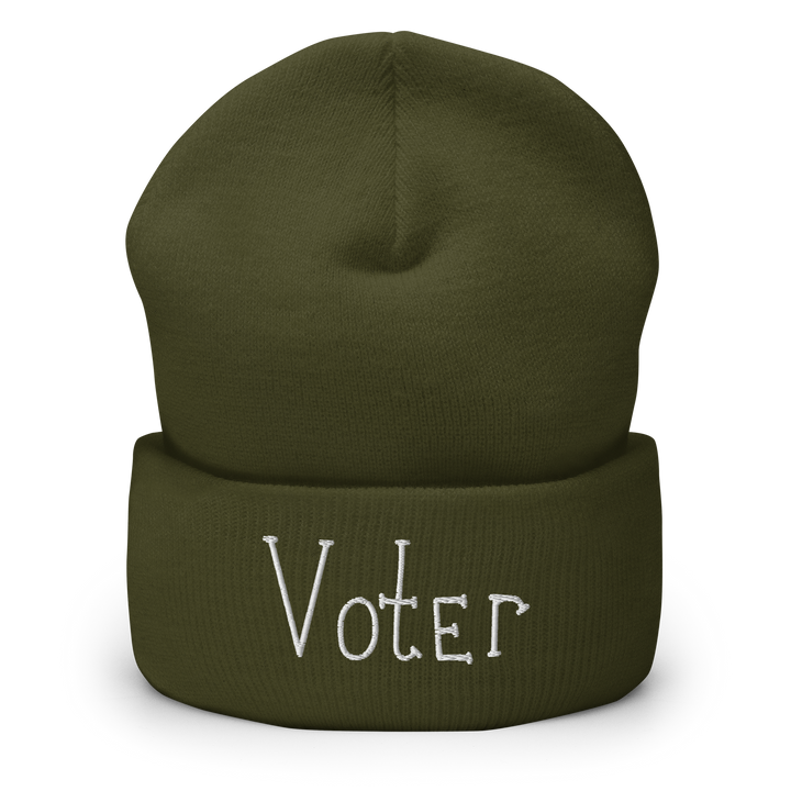 Original artwork by Tiny Werewolves | Voter Cuffed Beanie in Olive | Shop to get your gender neutral Cuffed Beanie