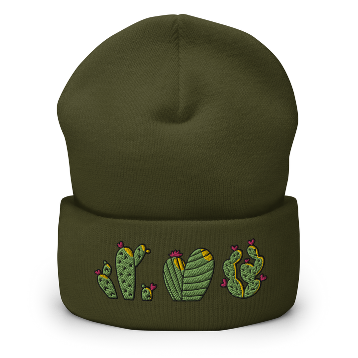 Original artwork by Tiny Werewolves | Cactus Trio Embroidered Cuffed Beanie in Olive One Size | Shop to get your gender neutral Cuffed Beanie