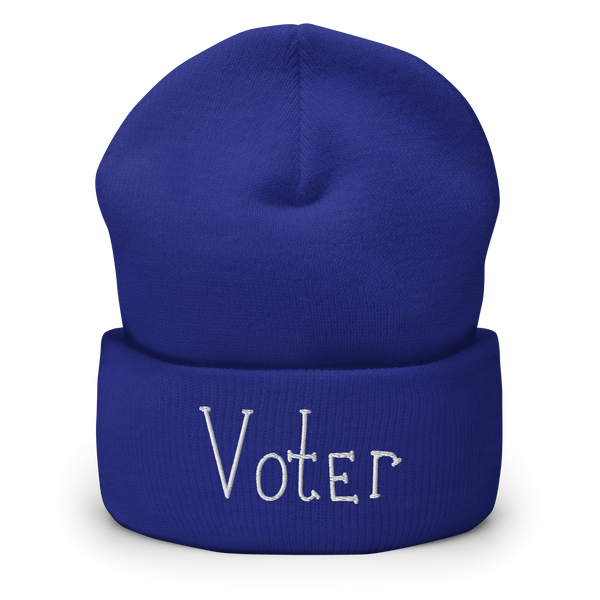 Original artwork by Tiny Werewolves | Voter Cuffed Beanie in Royal | Shop to get your gender neutral Cuffed Beanie