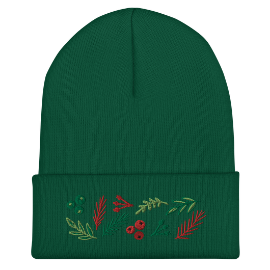Original artwork by Tiny Werewolves | Leaves & Berries Embroidered Cuffed Beanie in | Shop to get your gender neutral Cuffed Beanie