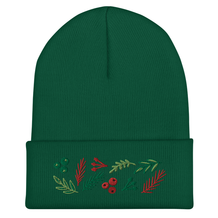 Original artwork by Tiny Werewolves | Leaves & Berries Embroidered Cuffed Beanie in | Shop to get your gender neutral Cuffed Beanie