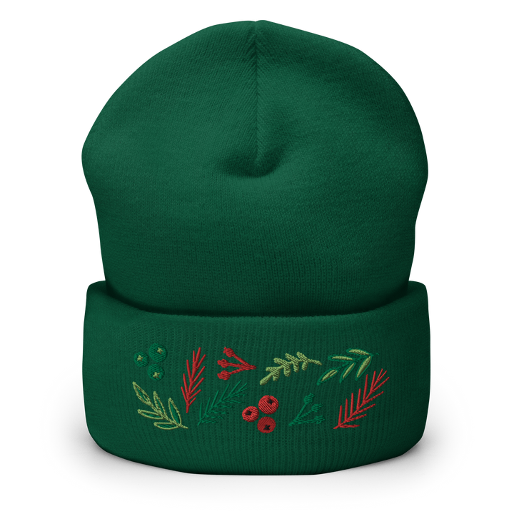 Original artwork by Tiny Werewolves | Leaves & Berries Embroidered Cuffed Beanie in Spruce | Shop to get your gender neutral Cuffed Beanie