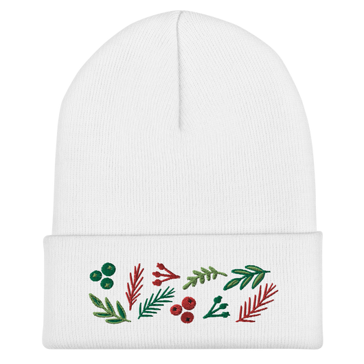 Original artwork by Tiny Werewolves | Leaves & Berries Embroidered Cuffed Beanie in | Shop to get your gender neutral Cuffed Beanie