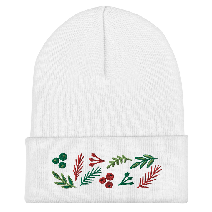 Original artwork by Tiny Werewolves | Leaves & Berries Embroidered Cuffed Beanie in | Shop to get your gender neutral Cuffed Beanie