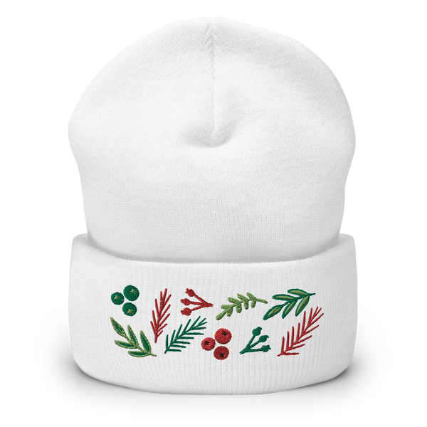 Original artwork by Tiny Werewolves | Leaves & Berries Embroidered Cuffed Beanie in White | Shop to get your gender neutral Cuffed Beanie