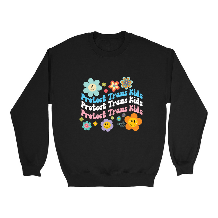 Original artwork by Tiny Werewolves | Retro Flowers Protect Trans Kids Crew Sweatshirt in Black | Shop to get your gender neutral Crew