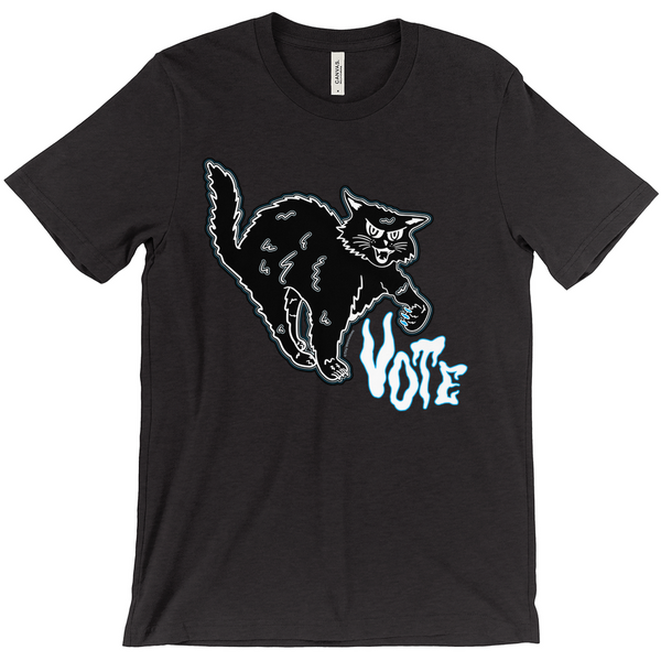 Original artwork by Tiny Werewolves | Retro Spooky Cat Vote Tee in Black Heather | Shop to get your gender neutral Tee