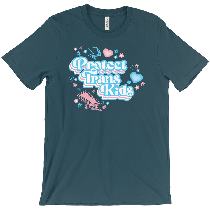 Original artwork by Tiny Werewolves | Retro Protect Trans Kids Tee in Deep Teal | Shop to get your Tee