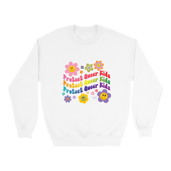 Original artwork by Tiny Werewolves | Retro Flowers Protect Queer Kids Crew Sweatshirt in White | Shop to get your gender neutral Crew