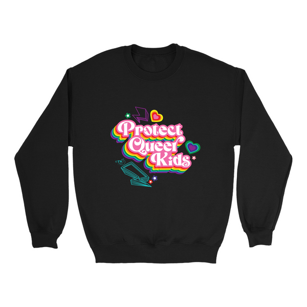 Original artwork by Tiny Werewolves | Retro Protect Queer Kids Crew Sweatshirt in Black | Shop to get your gender neutral Crew