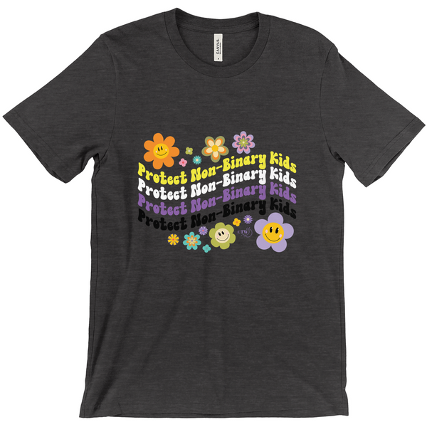 Original artwork by Tiny Werewolves | Retro Flowers Protect Non-Binary Kids Tee in Dark Heather Grey | Shop to get your gender neutral Tee