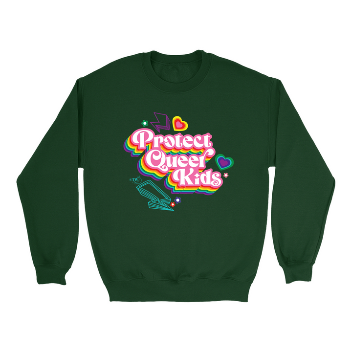 Retro Protect Queer Kids Unisex Crew Sweatshirt Forest Green