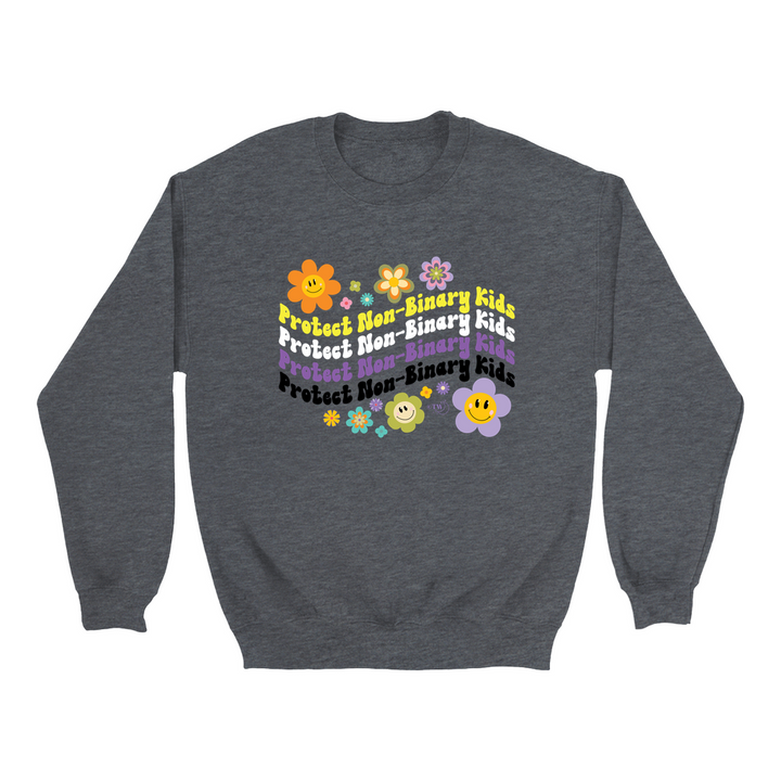 Retro Flowers Protect Non-Binary Kids Unisex Crew Sweatshirt Dark Heather