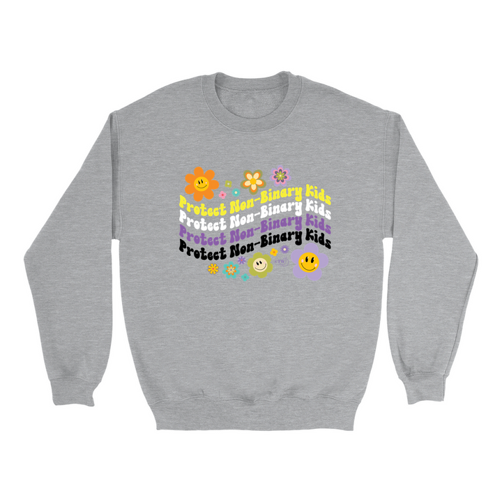 Retro Flowers Protect Non-Binary Kids Unisex Crew Sweatshirt Sport Grey