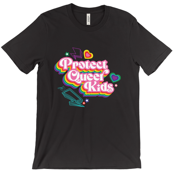 Original artwork by Tiny Werewolves | Retro Protect Queer Kids Tee in Black | Shop to get your gender neutral Tee