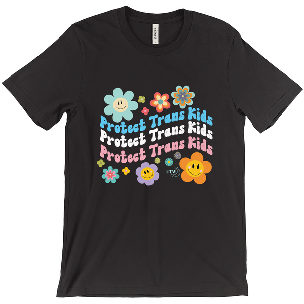 Original artwork by Tiny Werewolves | Retro Flowers Protect Trans Kids Tee in Black | Shop to get your gender neutral Tee