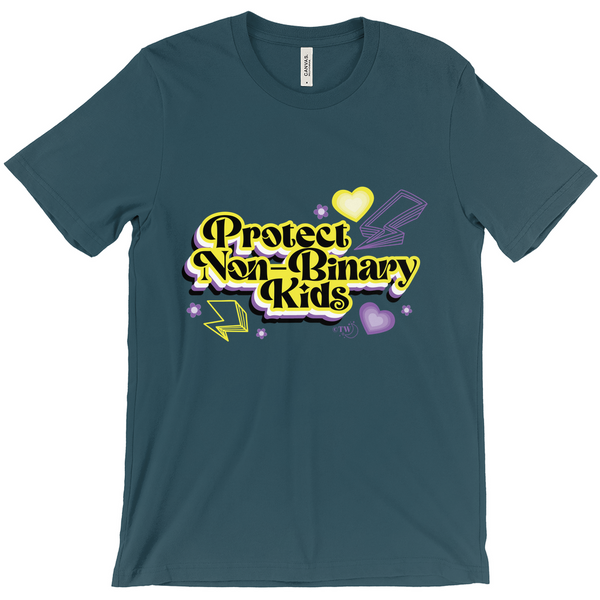 Original artwork by Tiny Werewolves | Retro Protect Non-Binary Kids Tee in Deep Teal | Shop to get your gender neutral Tee