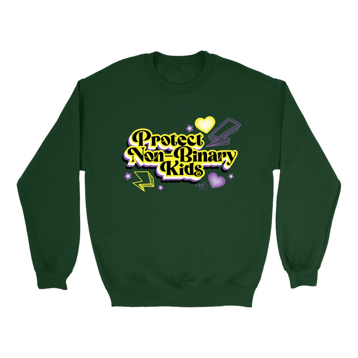 Retro Protect Non-Binary Kids Unisex Crew Sweatshirt Forest Green