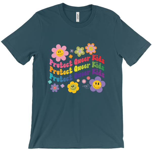 Original artwork by Tiny Werewolves | Retro Flowers Protect Queer Kids Tee in Deep Teal | Shop to get your gender neutral Tee